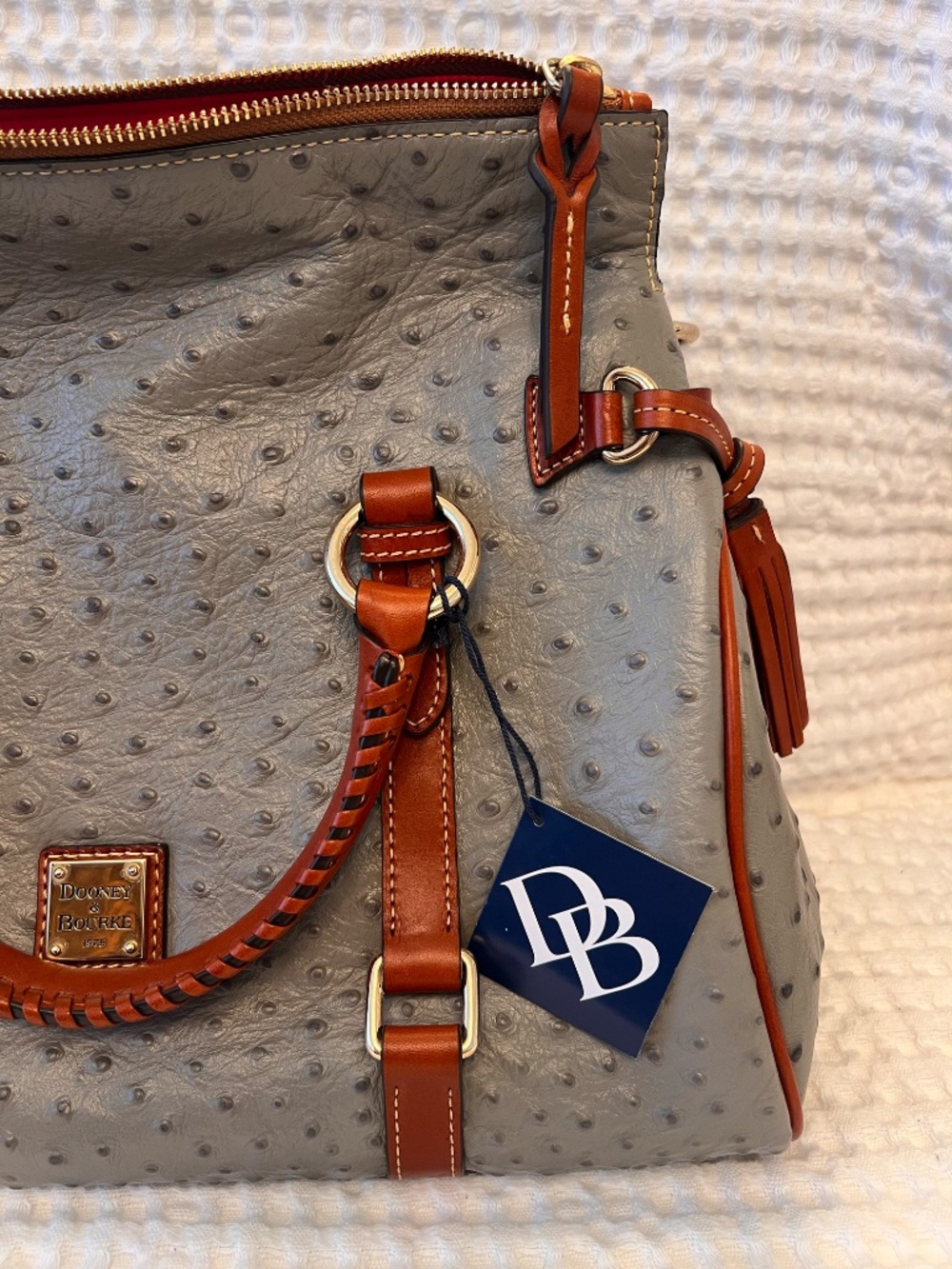 Dooney & Bourke Ostrich Embossed Satchel Gray Tassel Bag Brown Trim Gold Hardwar - Picture 5 of 16